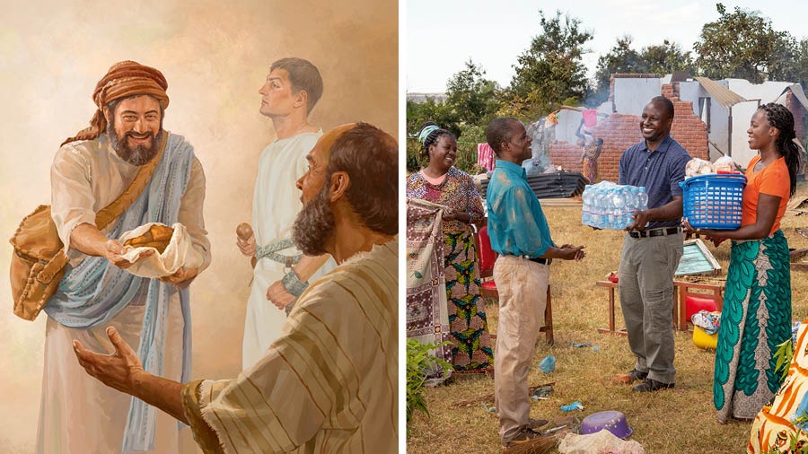Fọ́tò: Àwọn ará lọ́kùnrin àti lóbìnrin ń ṣèrànwọ́ fáwọn mí ì. 1. Máàkù gbé oúnjẹ wá fún àpọ́sítélì Pọ́ọ̀lù. 2. Tọkọtaya Ẹlẹ́rìí yìí gbé oúnjẹ àti omi wá fún ìdílé kan.