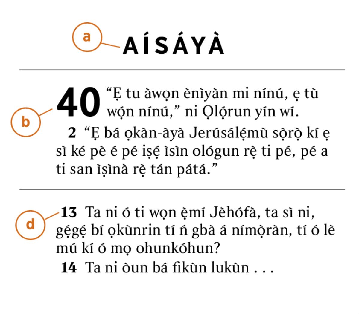 Ẹsẹ Bíbélì kan tá a tọ́ka sí ká lè ṣàfihàn a) ìwé Bíbélì, b) orí, àti d) ẹsẹ
