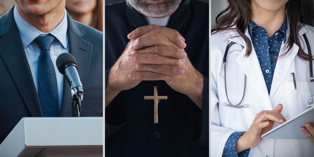 Imagen sti’ caadxi binni ni rápacabe confianza laaca: 1. Ti políticu ni caníʼ lu ti micrófono. 2. Ti sacerdote ni cayuni orar. 3. Ti científica ni cucaa xiixa.