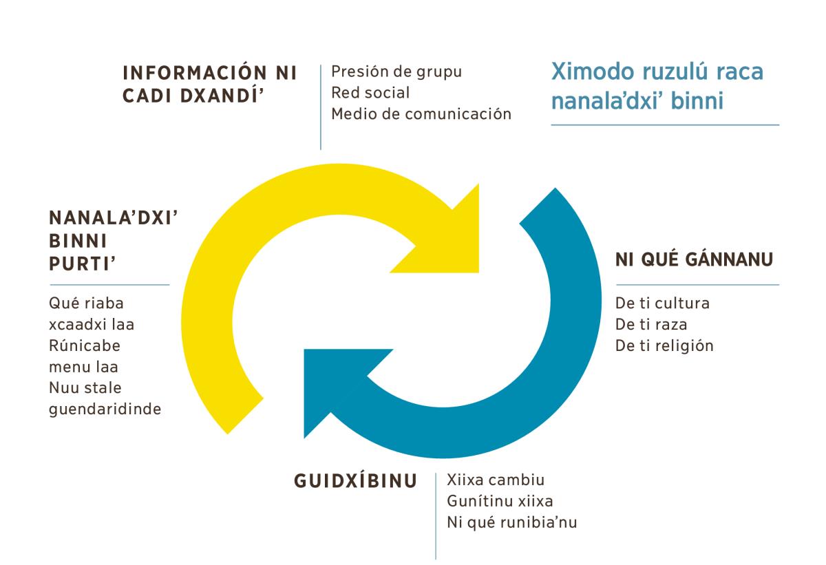 Ti diagrama ni rusihuinni ximodo racananaláʼdxisaa binni. 1. Pur presión de grupu, ni rudxiibacabe lu red social ne ni riníʼ ca medio de comunicación runi cré binni información ni cadi dxandíʼ. 2. Ni qué ganna binni de ti cultura, de ti raza o ti religión. 3. Ridxibi binni xiixa cambiu, guniti xiixa o ni qué runibiáʼ. 4. Nanalaʼdxiʼ binni purtiʼ qué riaba xcaadxi laa, rúnicabe menu laa ne nuu stale guendaridinde.